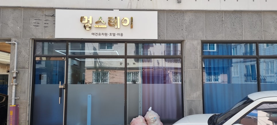 사진 1. 김해 장유 애견유치원 오픈 후 방문했을 때 촬영한 외부 전경으로, 전면 샤시 출입구와 간판이 함께 보이는 모습입니다.